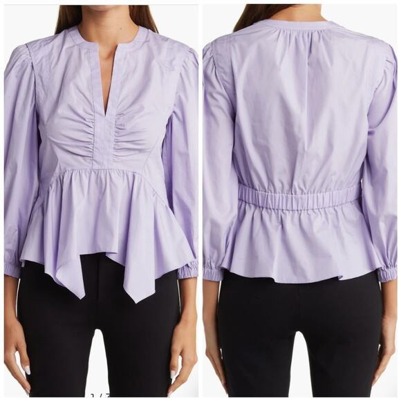 NWT Derek Lam 10 Crosby Purple Everly Handkerchief Hem Cotton Peplum Blouse - Picture 9 of 10